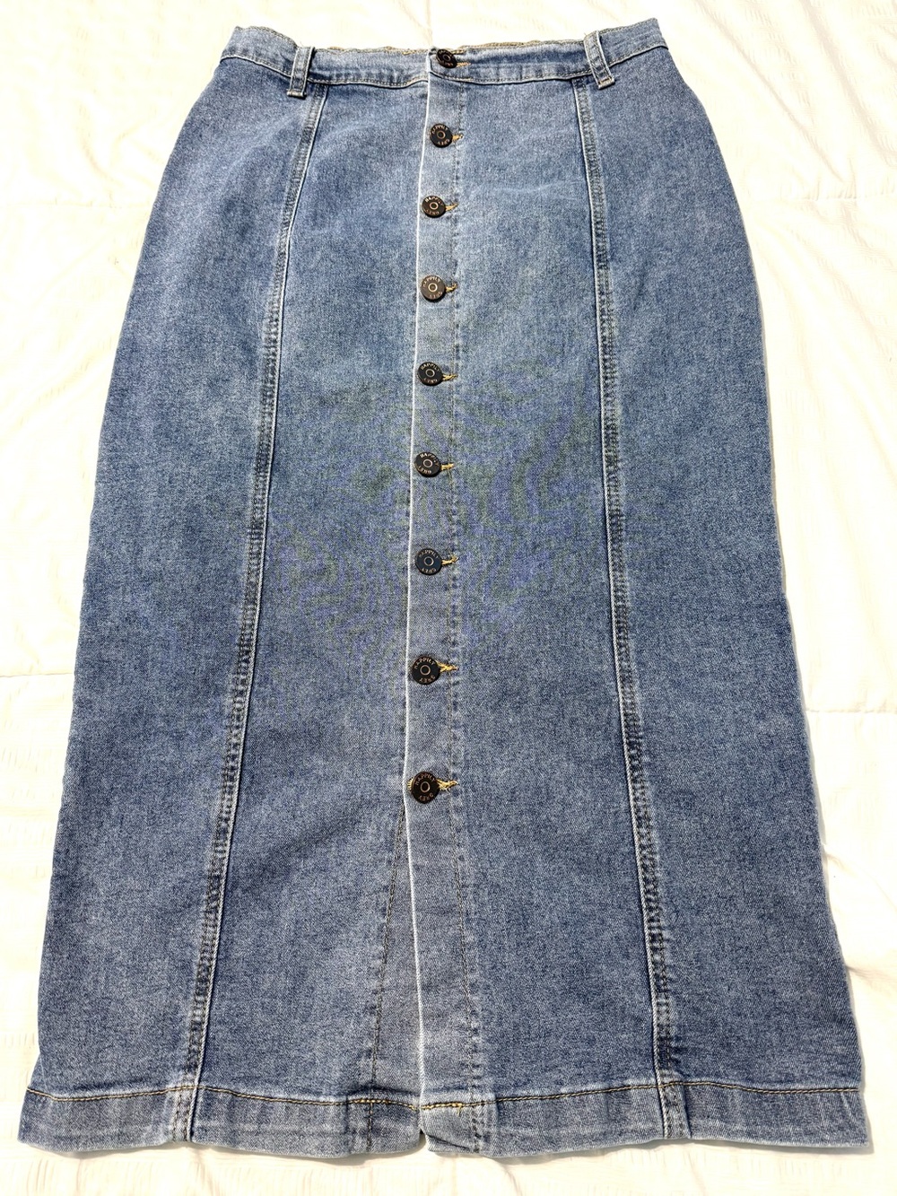 Button-Front Blue Denim Midi Skirt
